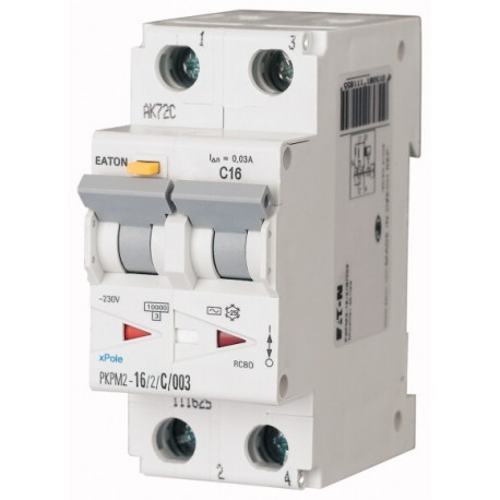 EATON - MOELLER PKPM2-16/2/C/003 PKPM2-16/2/C/003 111625 EATON ELECTRIC RCD/MCB, 16A, 30mA, miniature circuit-breaker trip curve C, 2 p, resi..