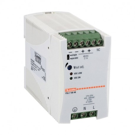 Lovato-electric PSL210048 LOVATO DIN RAIL SWITCHING POWER SUPPLY, TWO PHASE. 48VDC, 2.1A / 100W