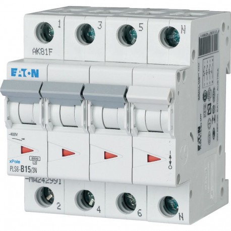Eaton-moeller PLS6-B15/3N-MW EATON ELECTRIC Over current switch, 15A, 3pole+N, type B characteristic