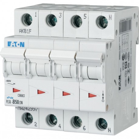 Eaton-moeller PLS6-B50/3N-MW Y7-242997 EATON ELECTRIC Over current switch, 50A, 3pole+N, type B characteristic