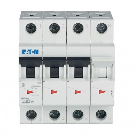 Eaton-moeller FAZ-K3/3N Y7-279007 EATON ELECTRIC Miniature circuit breaker (MCB), 3A, 3Np, K-Char, AC