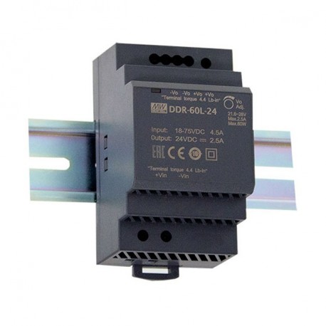 Meanwell DDR-60L-15 DC-DC Ultra slim Industrial DIN rail converter, Input 18-75VDC, Single Output 15VDC / 4A