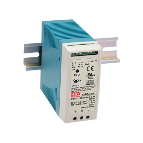 Meanwell DRC-40A AC-DC Industrial DIN rail power supply with UPS function, Output 13.8VDC / 1.9A + 13.8VDC /..