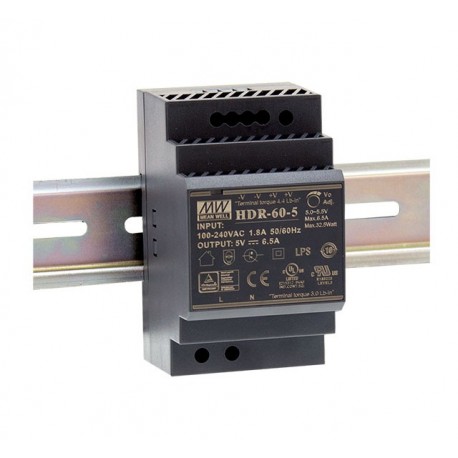 Meanwell HDR-60-24 AC-DC Ultra slim DIN rail power supply, Input range 85-264VAC, Output 24VDC / 2.5A, Pass ..