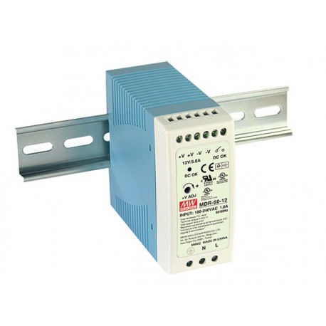 Meanwell MDR-60-24 AC-DC Industrial DIN rail power supply, Output 24VDC / 2.5A, plastic case