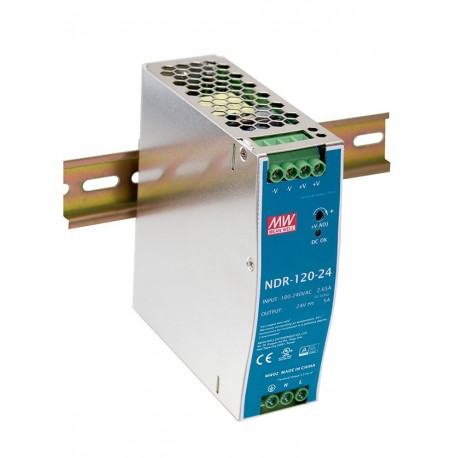 Meanwell NDR-120-24 AC-DC Single output Industrial DIN rail power supply, Output 24VDC / 5A, metal case