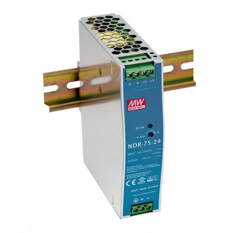 Meanwell NDR-75-24 AC-DC Single output Industrial DIN rail power supply, Output 24VDC / 3.2A, metal case
