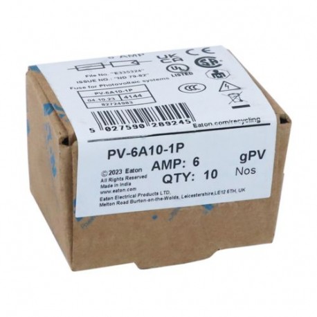 Eaton-moeller PV-6A10-1P EATON ELECTRIC Fuse-link, high speed, 10 A, DC 1000 V, IEC 60269-6 type A, 10 x 38 mm, gPV, UL PV..
